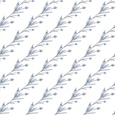 Kırsal mavi yapraklar ve beyaz arka planda dikişsiz çizilmiş çiçekler. Boyalı küçük çiçek şablonu ve çizim elementlerinin Botanik vektör çizimi