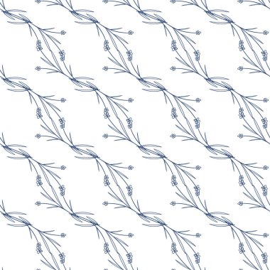 Kırsal mavi yapraklar ve beyaz arka planda dikişsiz çizilmiş çiçekler. Boyalı küçük çiçek şablonu ve çizim elementlerinin Botanik vektör çizimi