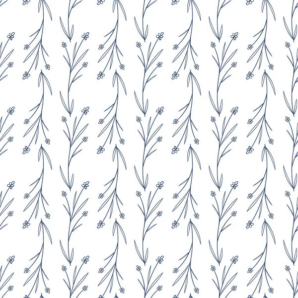 Сельский Винтажные Голубые Листья Ручной Набросок Цветов Бесшовный Узор Белом — стоковый вектор