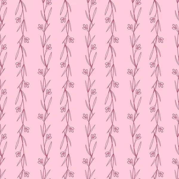 葉とピンクのパステル花を咲かせます ラインアート現実的な隔離されたシームレスな花のパターン 手描きの植物プリント ベクターイラスト — ストックベクタ
