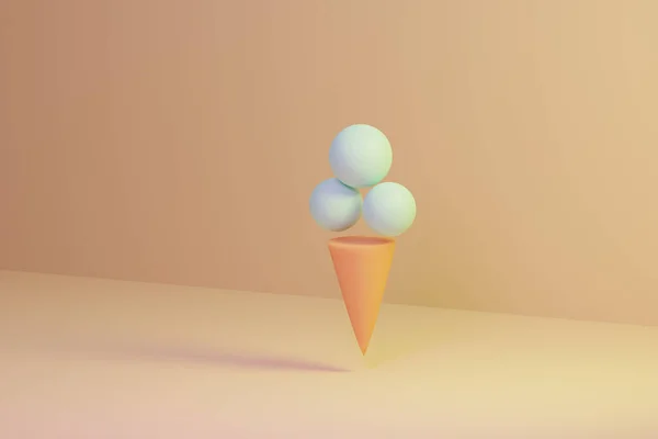 冰淇淋日由时髦的简单几何形状的锥形和球体 夏天就要来了3D渲染 — 图库照片