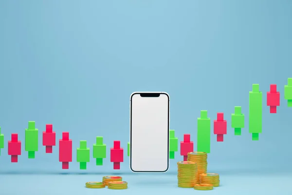 Stock Market Results mockup. Stock Trade Forex Shares mobile app with phone and copy space. Coins and gold. 3d rendering