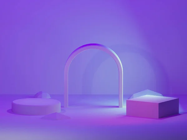 三维渲染抽象几何形状与拱形的基座平台上的产品演示 紫色3D渲染 — 图库照片