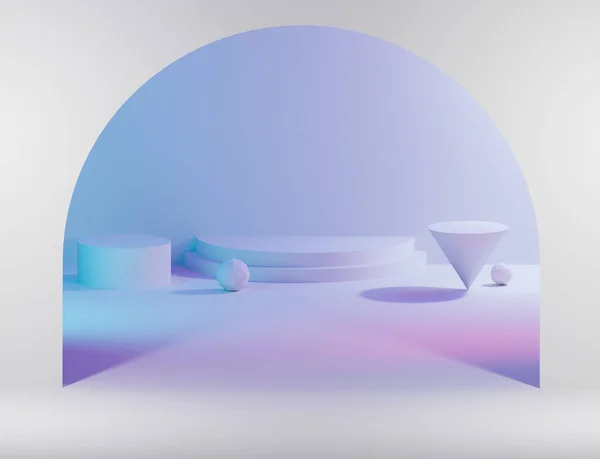 三维绘制带有拱形和平台的抽象几何形状 用于展示少数产品 长长的彩色阴影3D渲染 — 图库照片