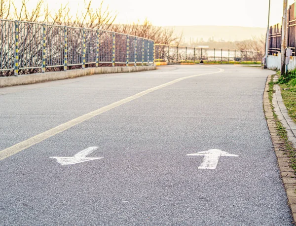 Life is a road concept. Move forward or backward. Signs arrows on a asphalt on a sunset.