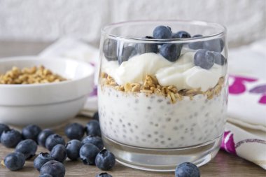 Yoğurtlu, müsli ve taze yaban mersinli sağlıklı Chia tohumu kahvaltısı..