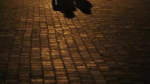 La sombra de una pareja enamorada. Una pareja caminando por la calle, siluetas y sombras de dos personas en la acera peatonal. — Vídeos de Stock