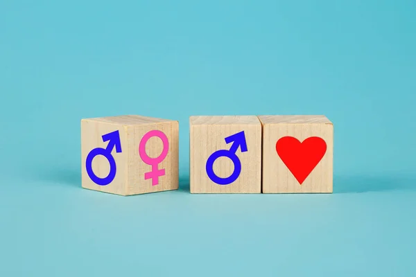 Símbolos masculino e feminino. Sinais femininos e masculinos rosa e azul. Igualdade de gênero imagem conceitual, o significado de sexo e igualdade de homem e mulher em fundo blu, ícone de orientação sexual. — Fotografia de Stock