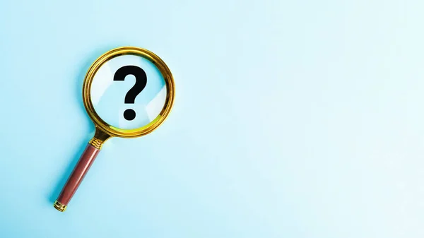 stock image Magnifying glass with question mark symbol on blue background. T