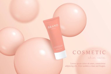 Sıvı baloncuklu pembe kozmetik 3d arkaplan.