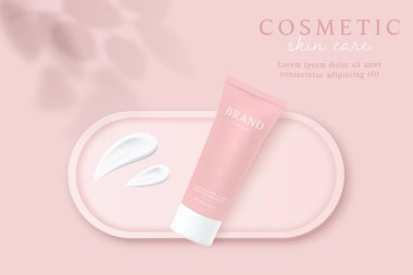 Kozmetik ürünleri ve cilt bakımı reklamları pembe arka planda kremalı.