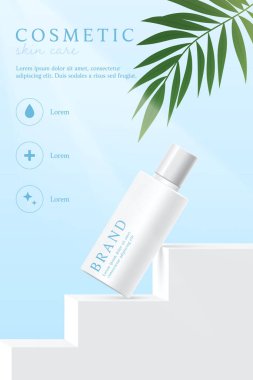 Kozmetik ürünleri ve cilt bakım ürünleri mavi arka planda yapraklı şablonlar. 