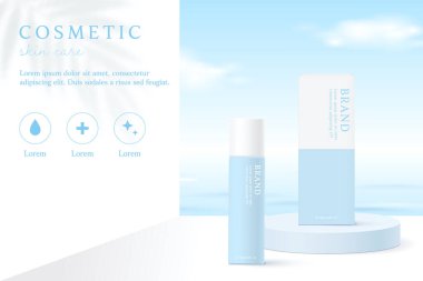 Kozmetik ürünleri ve cilt bakımı ürünleri beyaz ve mavi arka plan üzerinde yaprak gölgesi olan reklamlar. 