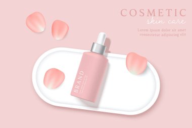 Kozmetik ürünleri ve cilt bakımı reklamları pembe arka planda yapraklı.