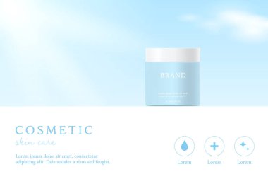 Kozmetik ürünleri ve cilt bakım ürünleri mavi arka planda şablon. 