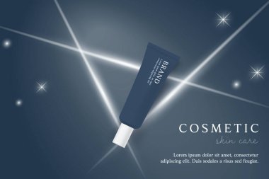 Esans ve cilt bakımı ürünleri koyu mavi arkaplanda şablon oluşturur .