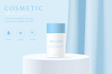 Doğal kozmetik ürünleri ve cilt bakım ürünü reklamları mavi perde arka planında.