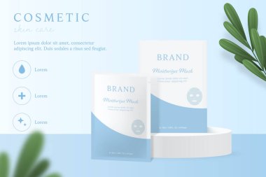 Mavi arkaplanda yapraklı kozmetik ve maske reklamları şablonu.