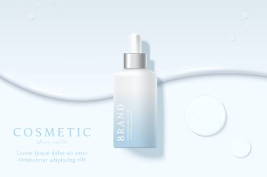 Kozmetik ürünleri ve cilt bakım ürünleri mavi zemin üzerinde su damlası ile birlikte şablon reklamları.