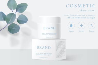 Kozmetik ürünleri ve cilt bakım ürünleri beyaz arka planda yapraklı şablon reklamları.