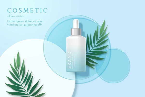 Kozmetik ürünleri ve cilt bakım ürünleri mavi arka planda yapraklı şablonlar.
