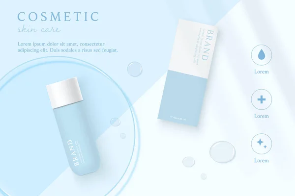 Kozmetik ürünleri ve cilt bakım ürünleri mavi zemin üzerinde su damlası ile birlikte şablon reklamları.
