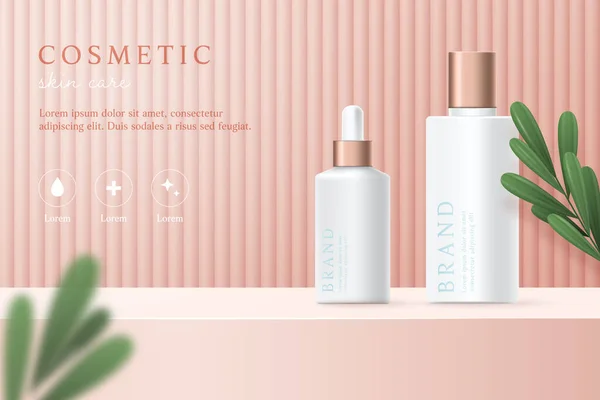 Kozmetik ürünleri ve cilt bakım ürünleri pembe arka planda yapraklı şablonlar.