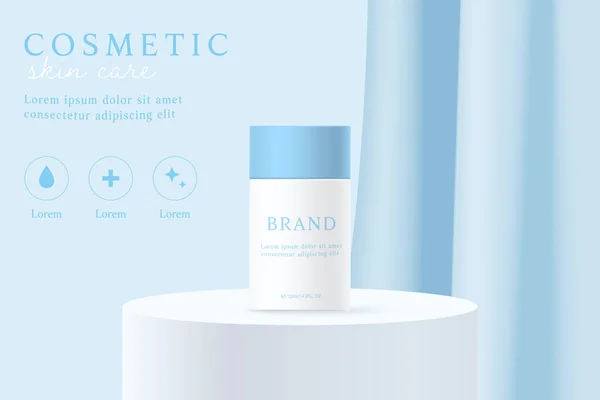 Doğal kozmetik ürünleri ve cilt bakım ürünü reklamları mavi perde arka planında.