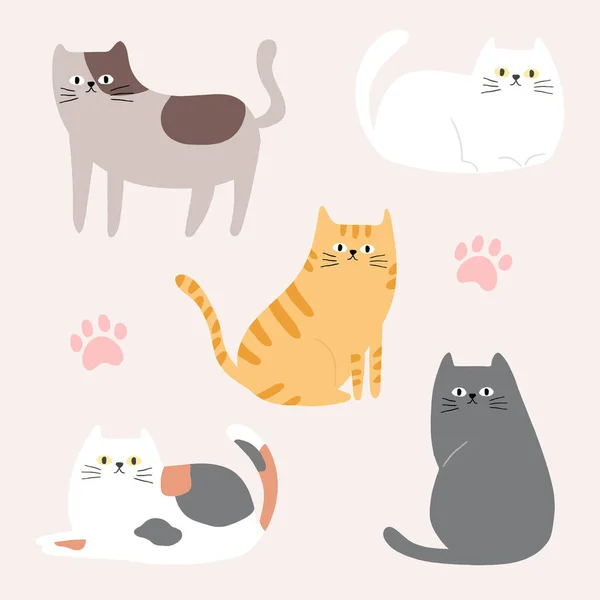 Coleção Ilustração Desenhada Mão Gatos Bonitos Várias Poses —  Vetores de Stock