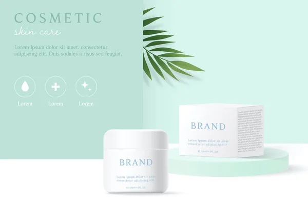 Kozmetik ürünleri ve cilt bakım ürünleri yeşil arka planda yapraklı şablonlar.