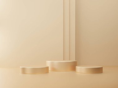 Geometrik şekilli üç boyutlu altın rengi arkaplan, üç katlı kaide boş, çember duvar şekli, küçükten büyüğe gradyan, arkaplan ürün sunumu için platform bileşimi