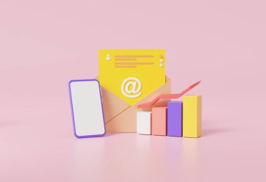 Dijital belge optimizasyon web analizi e-posta pazarlama geliştirme kavramı ile akıllı telefon ekranı aracılığıyla pembe pastel üzerinde boşluk. Kompozisyon şablonu Reklamcılık illüstrasyonu, 3B oluşturma 