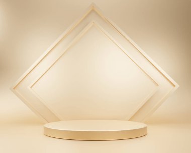 Geometrik şekilli üç boyutlu altın rengi arkaplan, bir katta kaide, çember duvar şekli, küçükten büyüğe gradyan, arkaplan ürün sunumu platformu