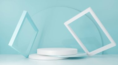 Gök mavisi arka plandaki soyut boş podyum, podyum ve ürün minimum sunumu için dairesel podyum. Kozmetik standı, afiş, satış, kopyalama alanı, 3d oluşturma 