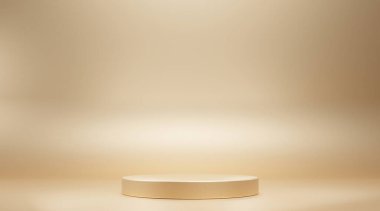 Geometrik şekilli altın renkli arka plan, iki katlı kaide, arkada kare bir duvar şekli, küçükten büyüğe gradyan, ürün sunumu için platform minimum, kopyalama alanı