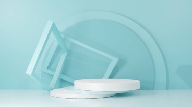 3D soyut podyum, gök mavisi arka planda podyum ve dairesel podyum ile ürün minimum sunumu. kozmetik standı, afiş, satış, kopyalama alanı