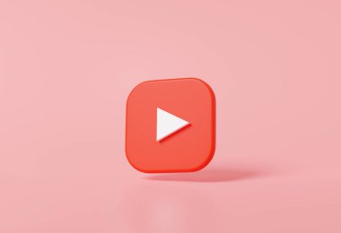 Video pazarlama konsepti medya oynatıcısı kırmızıyı büker, sosyal medya minimal stili pembe pastel renkte gölgede yüzer. Kompozisyon şablonu Reklam arkaplanı, 3d oluşturma