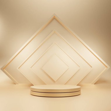 Geometrik şekilli üç boyutlu illüstrasyon altın rengi arka plan, iki katlı kaide, arkası kare duvar şekli, küçükten büyüğe doğru gradyan, arka plan ürün sunumu platformu