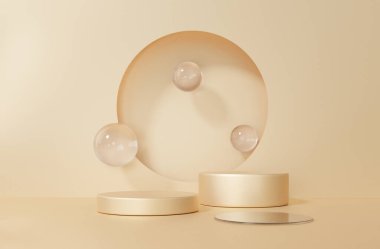 Geometrik şekilli üç boyutlu altın rengi arkaplan, üç katlı kaide boş, çember duvar şekli, küçükten büyüğe gradyan, arkaplan ürün sunumu için platform bileşimi