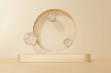 3 boyutlu, geometrik şekilli altın arkaplan, bir katta kaidesi boş, çember duvar şekli, küçükten büyüğe gradyan, arka plan ürün sunumu için platform bileşimi