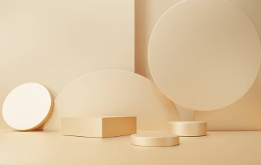 Geometrik şekilli altın 3D arka plan, yerde boş podyum görüntüsü. Ürün sunumu için platformlar, soyut kompozisyon tasarımı, vitrin modeli, promosyon, kozmetik ürünler, tasarım