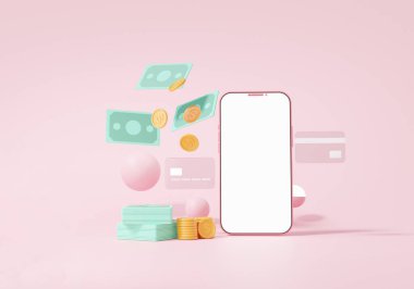 Kredi kartı konseptiyle çevrimiçi ödemeler. Ve akıllı telefon beyaz dokunmatik ekranı boş ön görüş internetteki finansal işlemler dünya çapındaki tüm bağlantılar. Pembe arkaplan, 3D görüntüleme