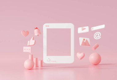 3D arka plan dijital pazarlama sosyal medya konsepti. Fotoğraf çerçevesini göster, video oynat, sohbet et, platform üzerine yorum yap. Dijital olarak en az şekilde iletişim kurmak kolay.