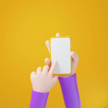 Çizgi film stili eli kapatıyoruz. Akıllı telefonu dokunmatik ekran boş veya beyaz ile tutuyoruz. Reklam için, sarı arka plan 3D.