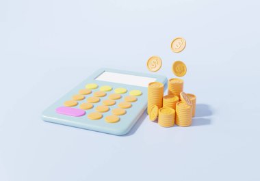 Para desteleri ve yüzen paralar, madeni paralar iş yatırımları, tasarruf kavramını hesapla. Pestel gökyüzü mavi arkaplan, 3B görüntüleme