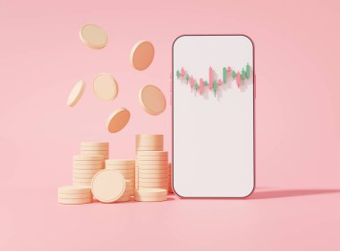 Çizgi film stili akıllı telefon beyaz ekran kripto para ticareti ve büyüme borsası bilgi paylaşımı yatırımı. Pembe arkaplan, afiş, 3D illüstrasyon, görüntüleme