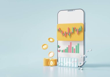 Akıllı telefon ve büyüme borsasında kripto para ticareti ya da bitcoin borsası bilgi paylaşımı yatırımı. Yumuşak mavi arkaplan üzerine tüccar konsepti 3d illüstrasyon, görüntüleme