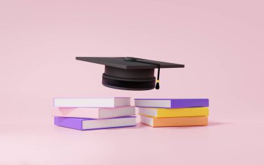 Mezuniyet şapkası online eğitim konseptinde yüzüyor. Banner web sitesi uygulama şablonu için pembe arkaplan mezunu. 3d oluşturma