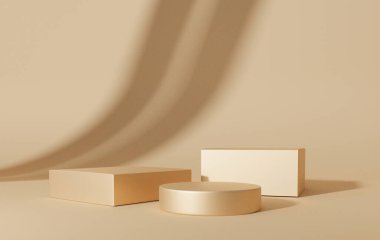 Altın sahne boş podyum rengi geometrik şekilli daire, bir kattaki kaide, ürün sunumu için eğimli duvar platformu minimum stil, kompozisyon, kozmetik, renkler