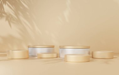 3 boyutlu görüntüleme, geometrik şekilli altın arkaplan, 6 katlı kaide boş, podyum çember duvar şekli, küçükten büyüğe gradyan, arka plan ürün sunumu için platform bileşimi